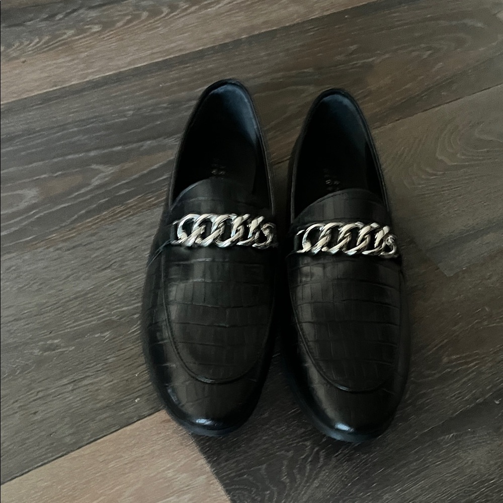 Barneys New York Black Loafers with Silver Chain